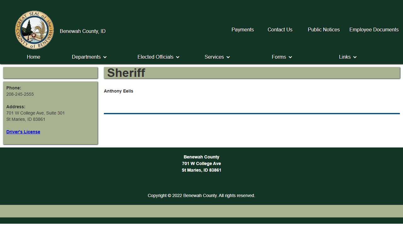Benewah County inmate records sheriff contact page